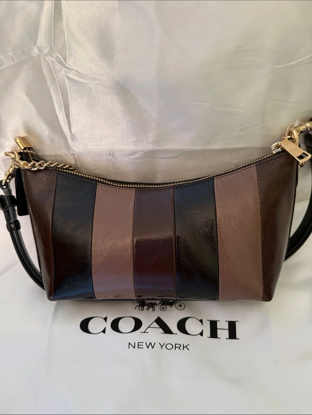 🖤🤎Coach NEW Caitlin Stripe-Crinkle Cut Leather Bag in Brown/Black Gold Hardware